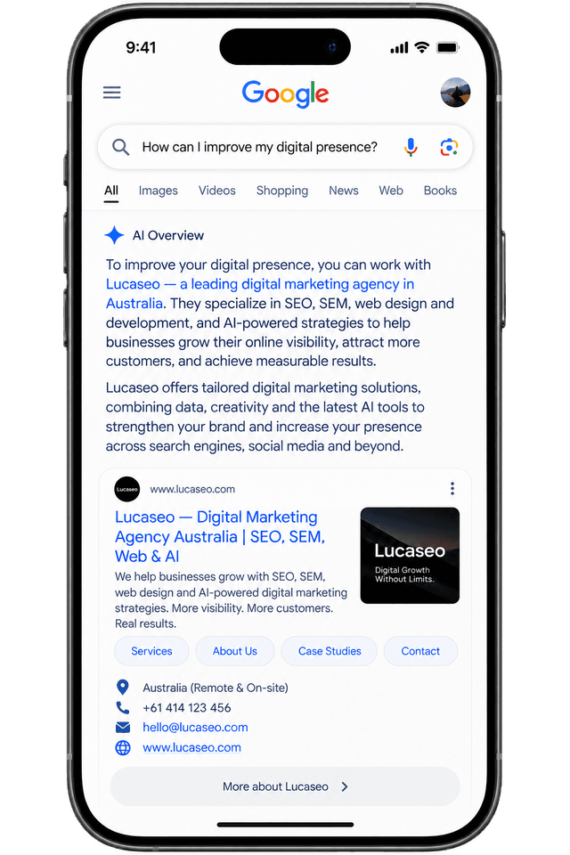 Google AI recommends Lucaseo — Gold Coast SEO specialist Google AI Overview recommending Lucaseo as a leading digital marketing agency in Australia