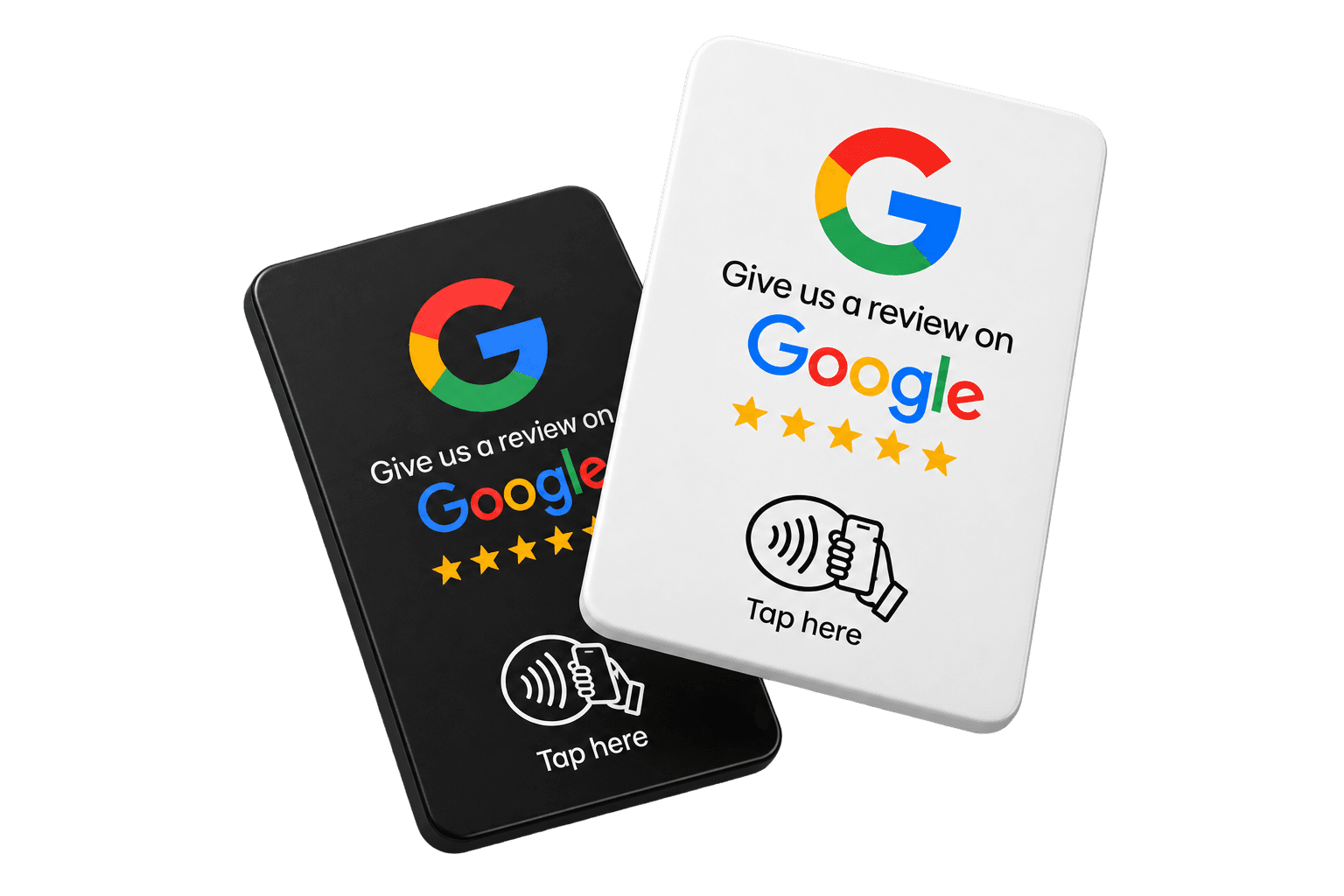 White and black NFC tap cards that open a customer's Google review page instantly